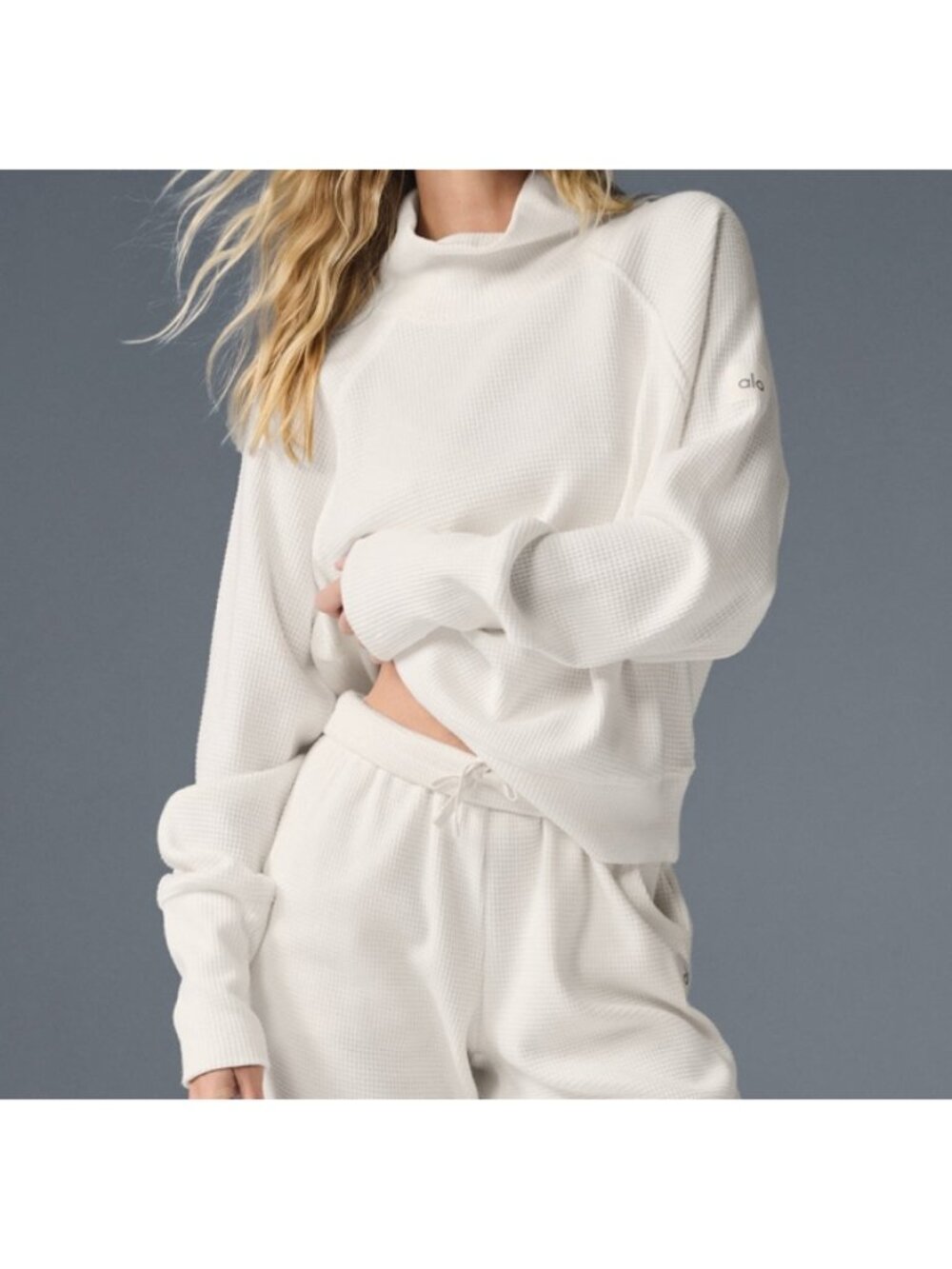 Alo Weekend Escape Mock Neck Long Sleeve Ivory Waffle Thermal Turtleneck Sweater - Picture 3 of 16